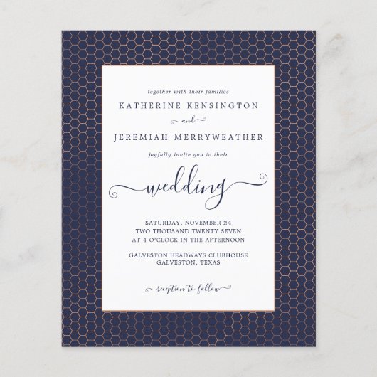 Budget Navy Blue Roos Gold Geometric Wedding (Voorkant)