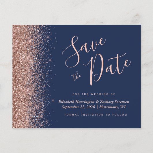 Budget Navy Blue Roos Gold Glitter Save the Date (Voorkant)
