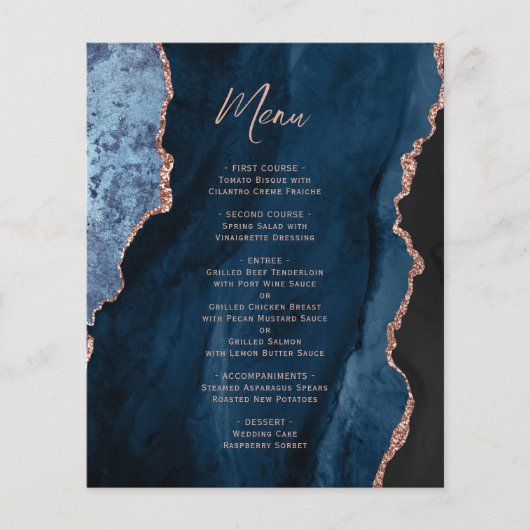 Budget Navy Blue Rose Gold Agate Wedding Menu (Voorkant)