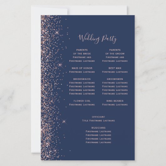 Budget Navy Blue Rose Gold Glitter Wedding Program (Achterkant)