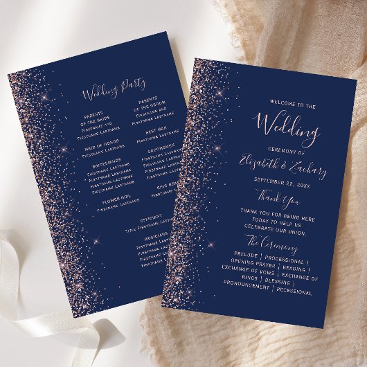 Budget Navy Blue Roze Goud Glitter Huwelijksprogra