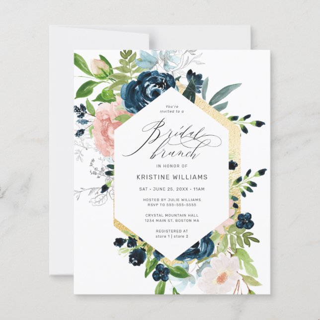 Budget Navy Blue Roze Rose Floral Bridal Brunch (Voorkant)
