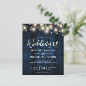 Budget Navy Blue Rustic String Lights Wood Invite (Staand voorkant)