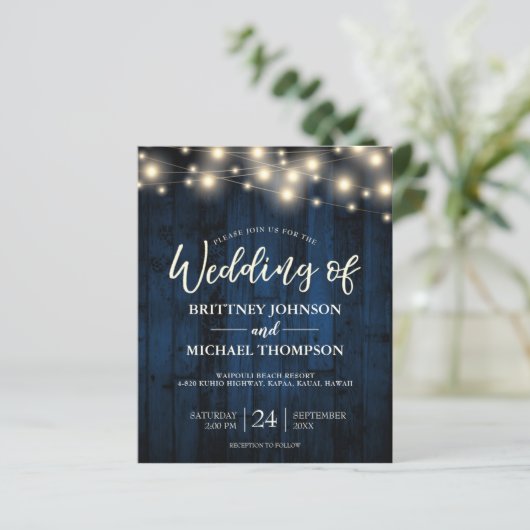 Budget Navy Blue Rustic String Lights Wood Invite (Staand voorkant)