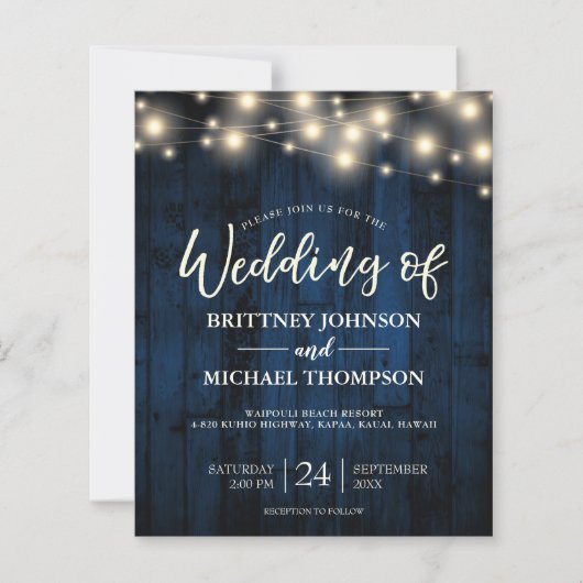 Budget Navy Blue Rustic String Lights Wood Invite (Voorkant)