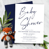 Budget Navy Blue Script Boy Baby shower Uitnodigin