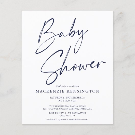 Budget Navy Blue Script Boy Baby shower Uitnodigin (Voorkant)