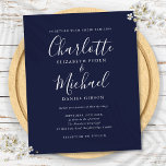 Budget Navy Blue Script Wedding Invitation<br><div class="desc">Deze elegante uitnodiging voor budgetbruiloft kan worden gepersonaliseerd met uw informatie in de moderne typografie,  met de namen van de tekenstijl. Ontworpen door: Thisnotme©</div>