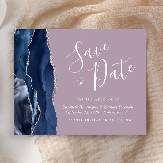 Budget Navy Blue Silver Agate Mauve Save the Date