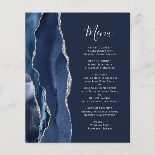 Budget Navy Blue Silver Agate Wedding Menu (Voorkant)