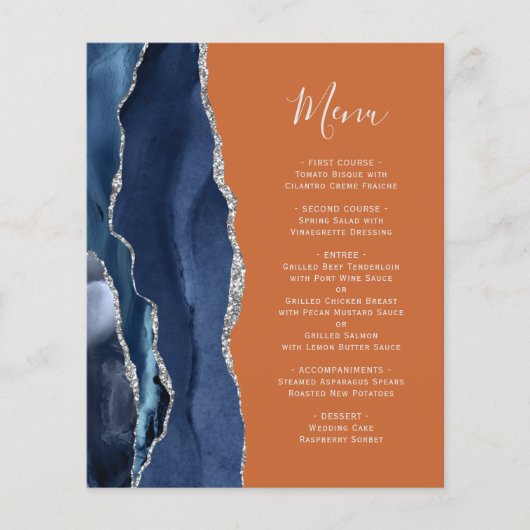 Budget Navy Blue Silver Burnt Oranje Agate Menu (Voorkant)