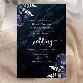 Budget Navy Blue Silver Floral Wedding Invitation