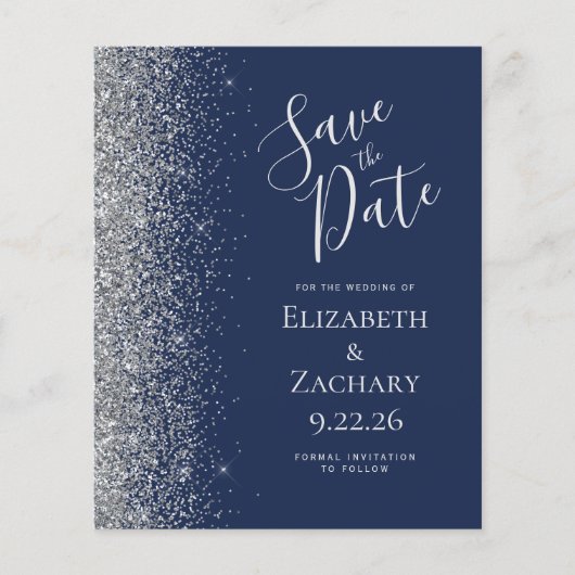 Budget Navy Blue Silver Glitter Save the Date (Voorkant)