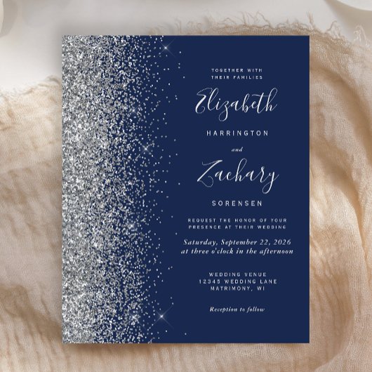 Budget Navy Blue Silver Glitter Wedding Uitnodigin