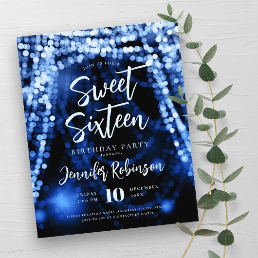 Budget Navy Blue String Lights Sweet 16 Uitnodigen Flyer