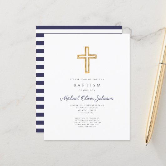 Budget Navy Blue Stripes Cross Boy Baptism Invite (Voorkant / Achterkant in situ)