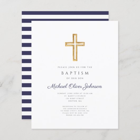 Budget Navy Blue Stripes Cross Boy Baptism Invite (Voorkant / Achterkant)