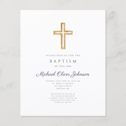Budget Navy Blue Stripes Cross Boy Baptism Invite (Voorkant)