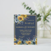 Budget Navy Blue Sunflower Floral Wedding Kaart (Staand voorkant)