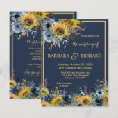 Budget Navy Blue Sunflower Floral Wedding Kaart (Voorkant / Achterkant)