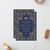 Budget  Navy Blue Tiara Quinceanera Notitiekaartje (Voorkant / Achterkant in situ)