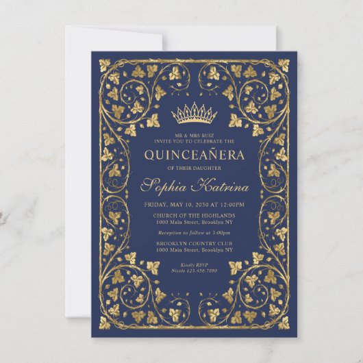 Budget  Navy Blue Tiara Quinceanera Notitiekaartje (Voorkant)