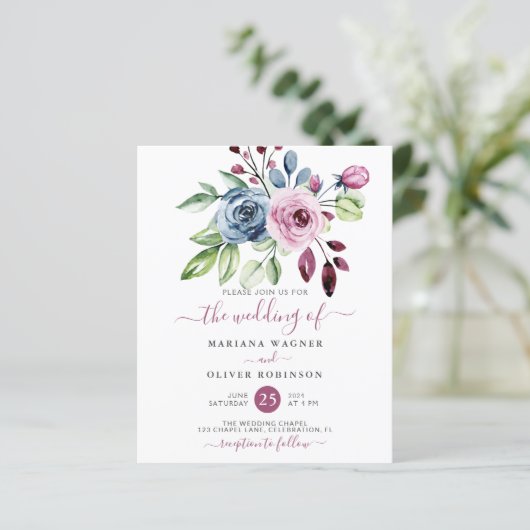 Budget Navy Blue Wine Floral Wedding Invitation (Staand voorkant)