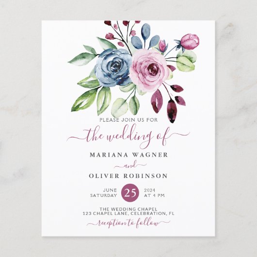 Budget Navy Blue Wine Floral Wedding Invitation (Voorkant)