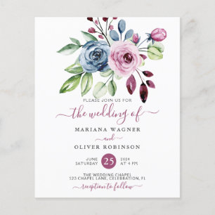 Budget Navy Blue Wine Floral Wedding Invitation