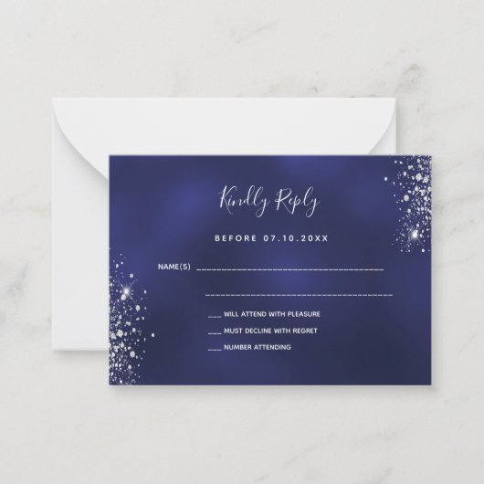 Budget navy blue zilter glitter Dringend stof RSVP Notitiekaartje (Voorkant)