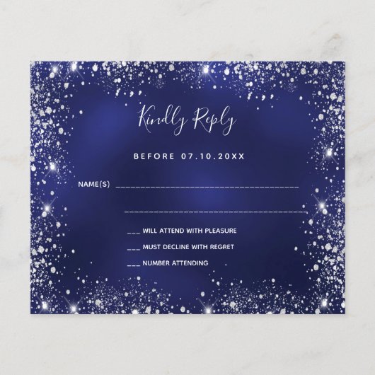 Budget navy blue zilverglitter bruiloft RSVP (Voorkant)