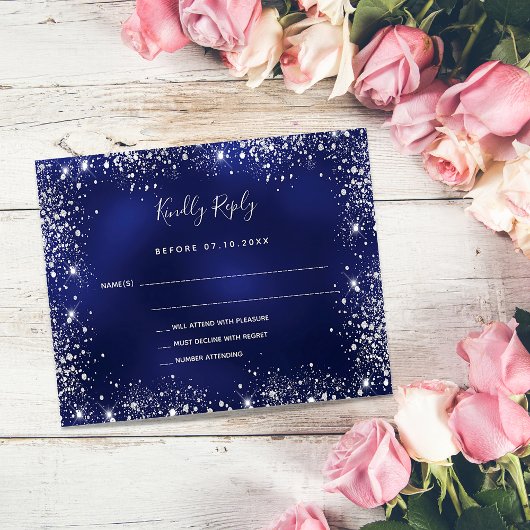 Budget navy blue zilverglitter bruiloft RSVP
