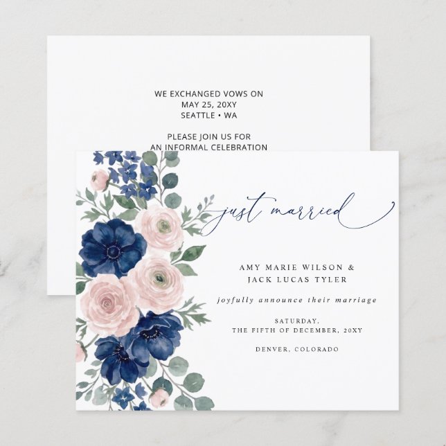 Budget Navy Blush Bloem Bruiloft Aankondiging (Voorkant / Achterkant)