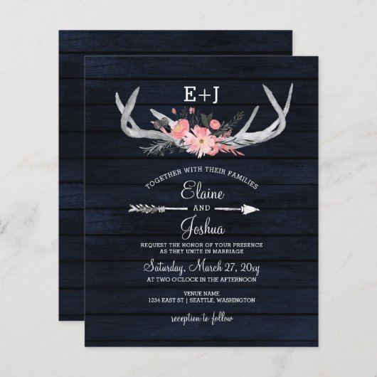 Budget Navy Blush Floral Antler Weddenschap (Voorkant / Achterkant)