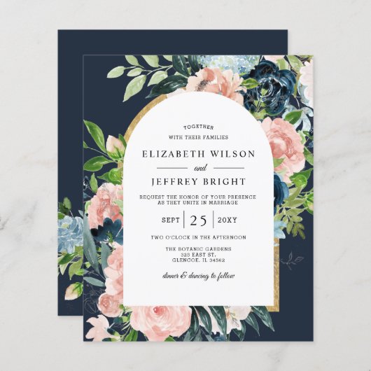 Budget Navy Blush Floral Arch Wedding Invitation (Voorkant / Achterkant)