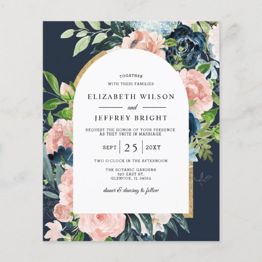 Budget Navy Blush Floral Arch Wedding Invitation (Voorkant)