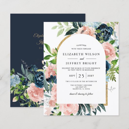Budget Navy Blush Floral Arched Wedding Uitnodigin (Voorkant / Achterkant)