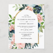 Budget Navy Blush Floral Arched Wedding Uitnodigin (Voorkant)