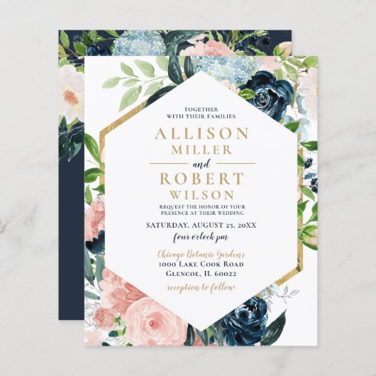 Budget Navy Blush Gold Floral Wedding Invitation (Voorkant / Achterkant)