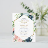 Budget Navy Blush Gold Floral Wedding Invitation (Staand voorkant)