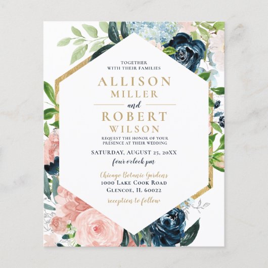 Budget Navy Blush Gold Floral Wedding Invitation (Voorkant)