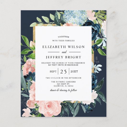 Budget Navy Blush Gold Floral Wedding Invitation (Voorkant)