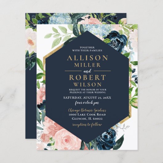 Budget Navy Blush Gold Floral Wedding Invitation (Voorkant / Achterkant)