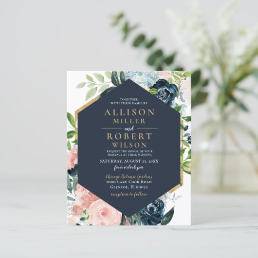 Budget Navy Blush Gold Floral Wedding Invitation (Staand voorkant)