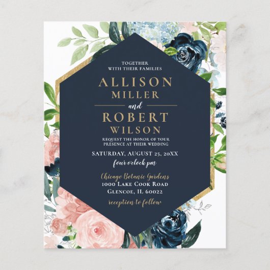 Budget Navy Blush Gold Floral Wedding Invitation (Voorkant)