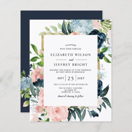 Budget Navy Blush Gold Floral Wedding Invitation (Voorkant / Achterkant)