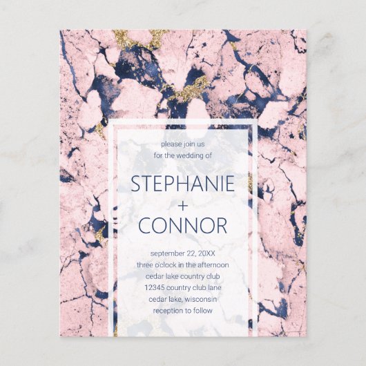 Budget Navy Blush Gold Marble Wedding Invitation (Voorkant)