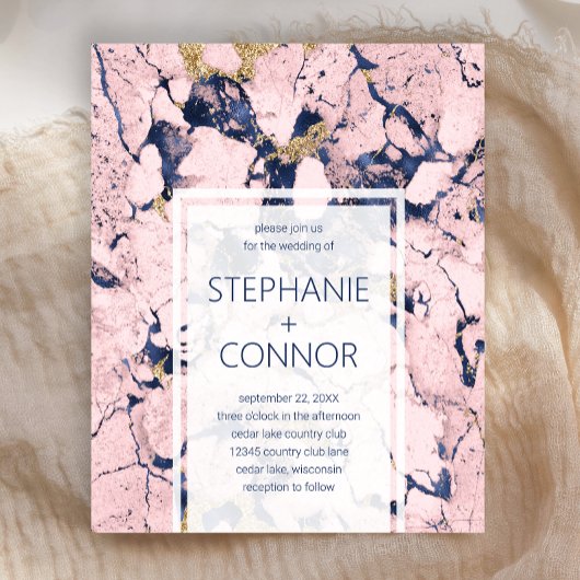 Budget Navy Blush Gold Marble Wedding Invitation