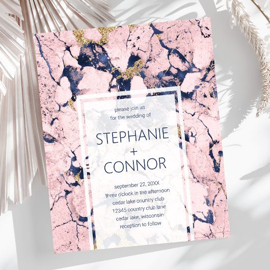 Budget Navy Blush Gold Marble Wedding Invitation