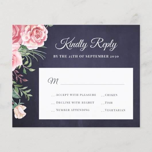 Budget navy blush roze florale bruiloft RSVP Flyer (Voorkant)